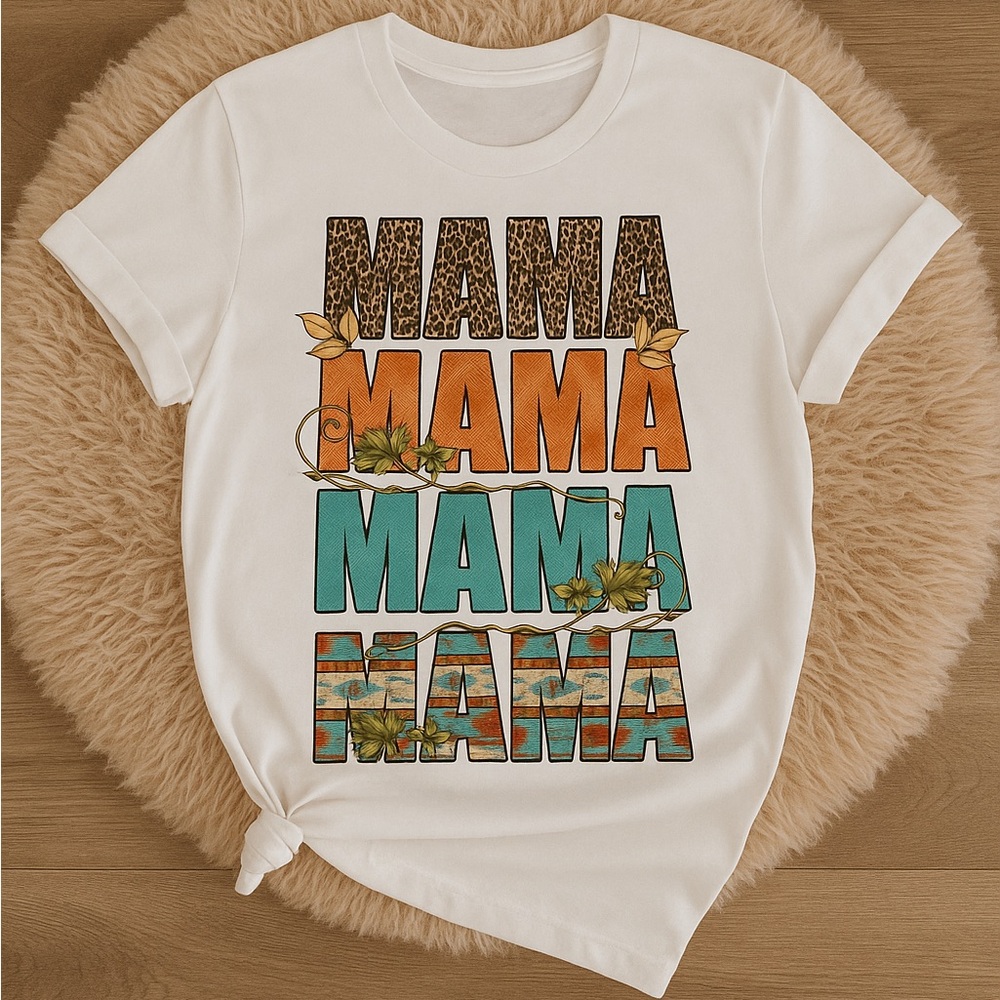 Hand Crafted Mama Graphic Tee - White, Orange, Teal